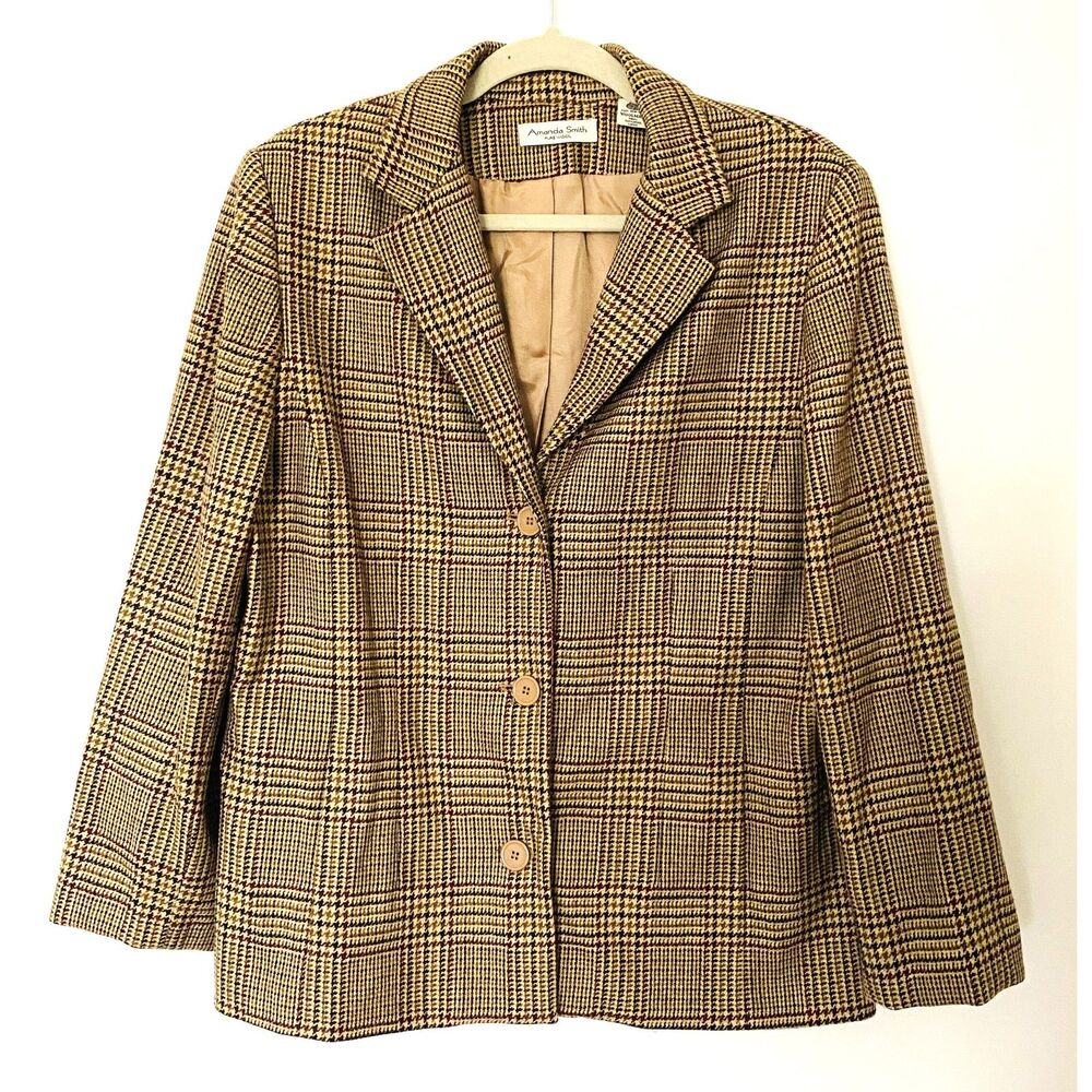 VTG Amanda Smith Wool Check Plaid Blazer Shoulder Pads Preppy Clueless Jacket 16